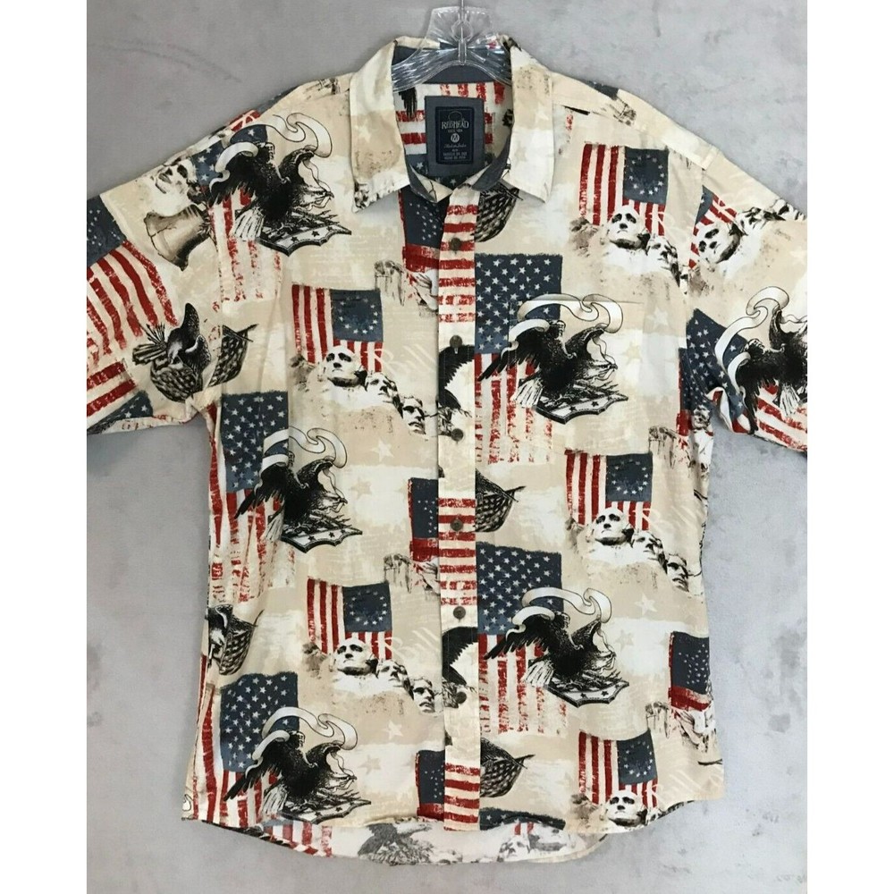 Red Head Brand American Flag AOP Shirt Eagle Rushmore Button Up USA Medium/Large